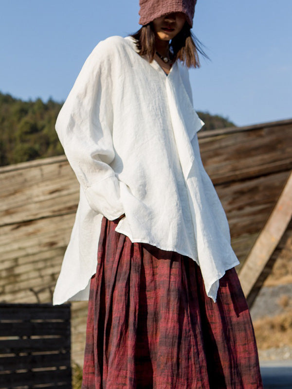 Artistic Retro Irregular Ramie Cotton Pleated V-Neck Long Sleeves T-Shirt