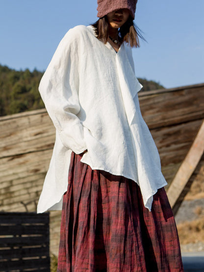 Artistic Retro Irregular Ramie Cotton Pleated V-Neck Long Sleeves T-Shirt