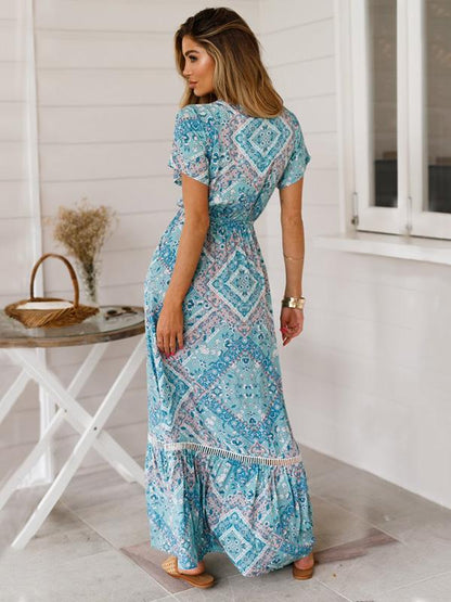 Hollow Printed Bow- Bohemia Maxi Dress