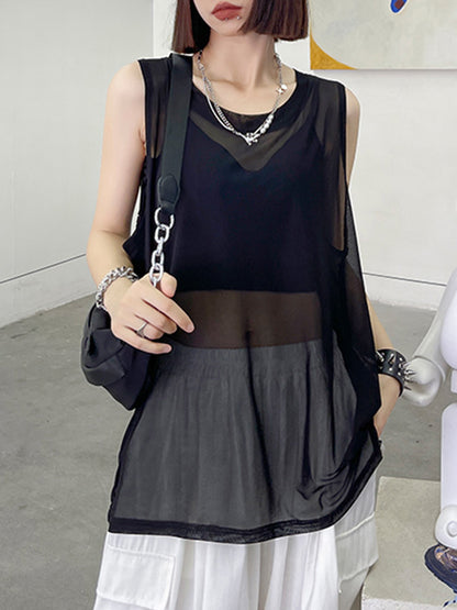 Cool Girl Black&White See-Through Round-Neck Vest Top