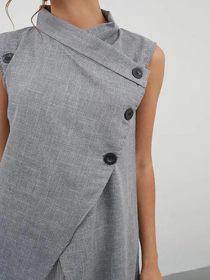 Stylish High-Low Solid Color Cross-Strap Stand Collar Vest Top