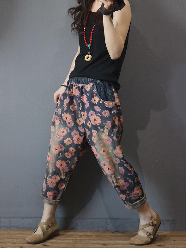Vintage Floral Elastic Waist Harem Jean Pants