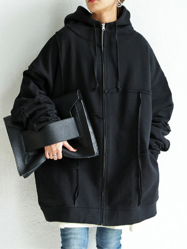 Stylish Loose Split-Joint Asymmetric Drawstring Hooded High-Neck Jacket Outerwear