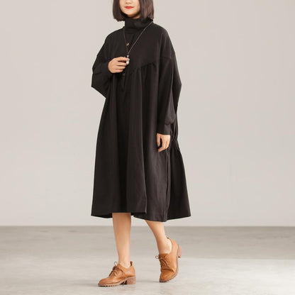 Cotton Solid Black Loose A-Line Long Sleeve Dress