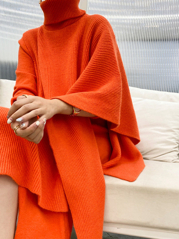 Solid Round-Neck Sweater Dresses And Irregularity Batwing Sleeves High-Neck Cape Set