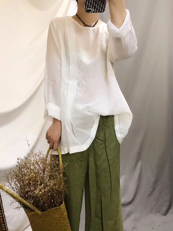 Vintage Ramie Cotton Embroidered Round-Neck T-Shirt Tops