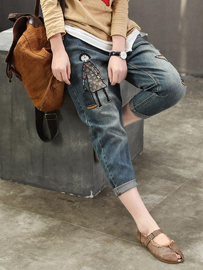 Embroidery Cartoon Shredded Jeans Pants