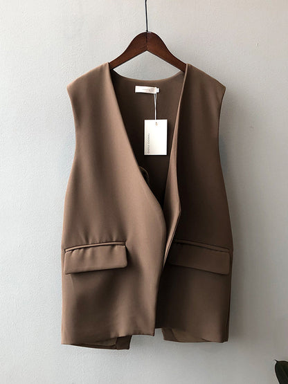 Urban Solid Color Split-Joint With Pocket Split-Back V-Neck Sleeveless Vest Outwear