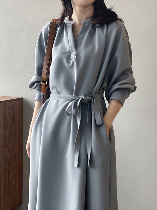 Urban Simple Solid Color Pleated Tied V-Neck Long Sleeves Midi Dress