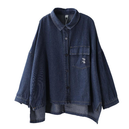 Buykud High Low Hem Frayed Pure Color Loose Denim Coat