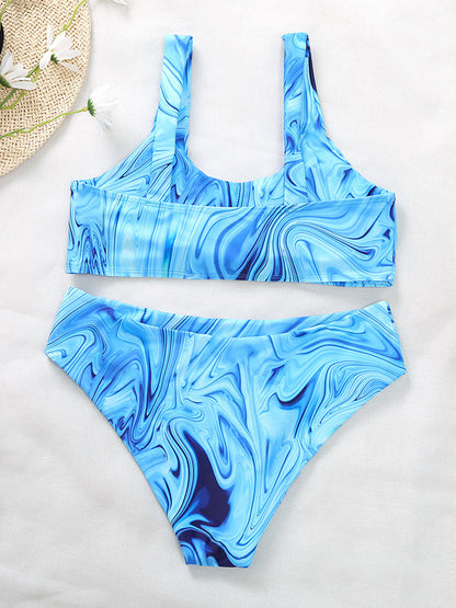 Rippled U-Neck High-Waisted Bikini Swimwear