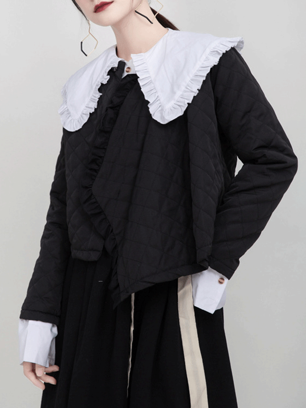 Original Black Asymmetric Rhombic Vintage Cotton-Padded Coat