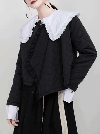Original Black Asymmetric Rhombic Vintage Cotton-Padded Coat