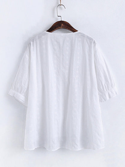 Simple Solid Color Buttoned V-Neck Short Sleeves Blouse