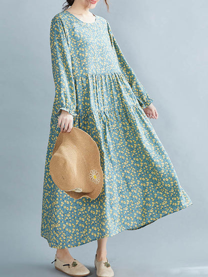 Artistic Retro Floral Printed Pleated Round-Neck Long Sleeves Midi Dress