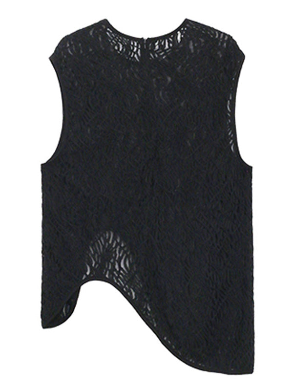 Stylish Asymmetric Hollow Split-Joint See-Through Round-Neck Vest