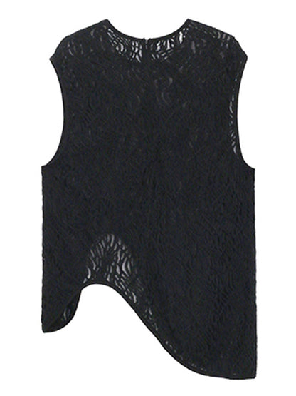Stylish Asymmetric Hollow Split-Joint See-Through Round-Neck Vest