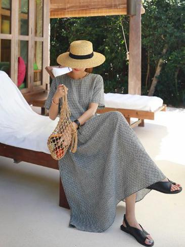 Ramie Cotton Plus Size Plaid Fresh Midi Dresses