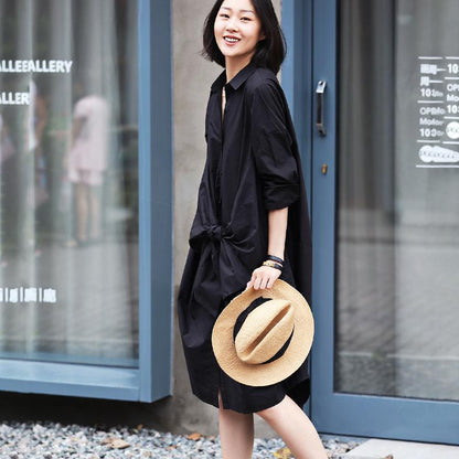 Buykud Turn-down Collar Lacing Bowknot Casual Shirt