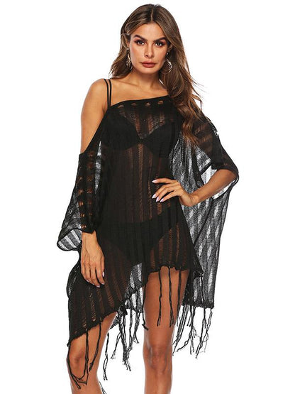 Loose Off-the-Shoulder Knitted Tasseled Beach Cover-Up