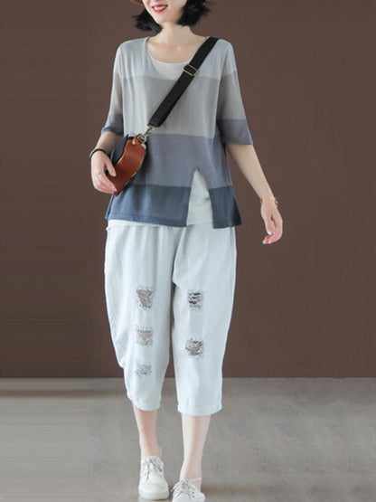 Casual Meryl Striped Split-side T-shirt