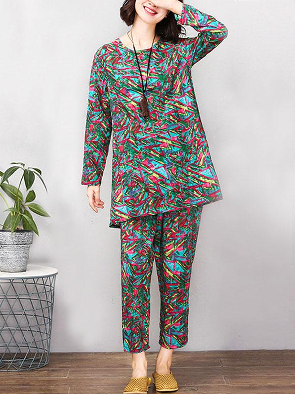 Red&Green Printed Round-neck T-shirt+Pants Suits