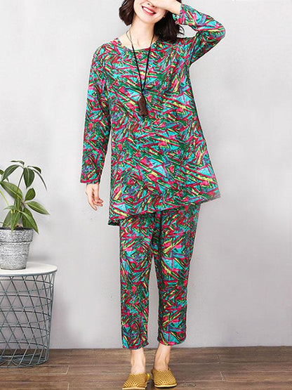 Red&Green Printed Round-neck T-shirt+Pants Suits