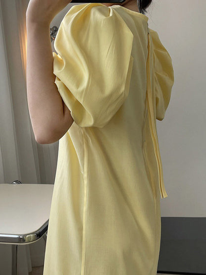 Girlish A-Line Puff Sleeves Round-Neck Midi Dress