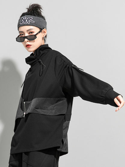Autumn Loose Drawstring High-Neck False Two T-Shirt