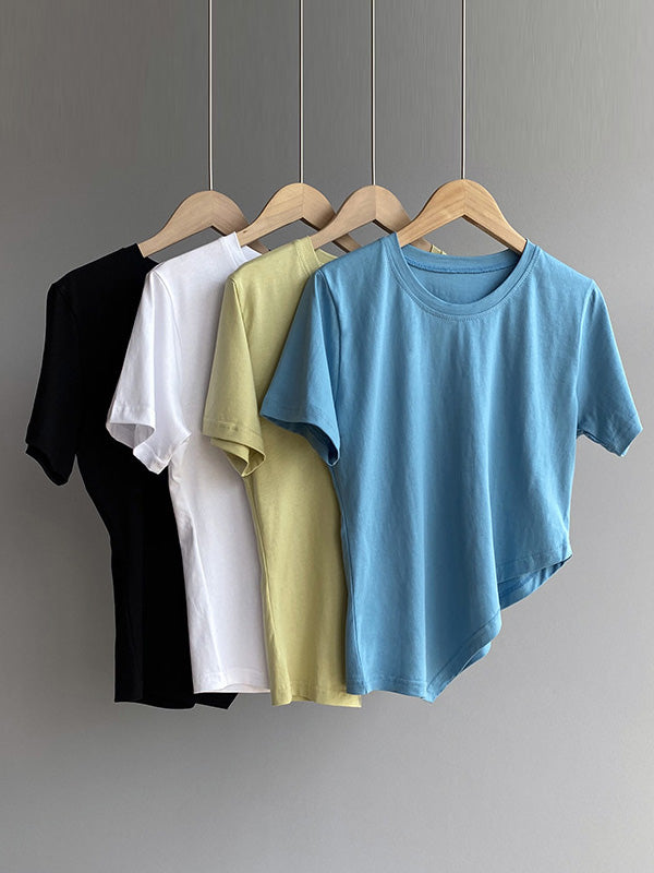 Casual Solid Color Asymmetric Round-Neck Short Sleeves T-Shirt