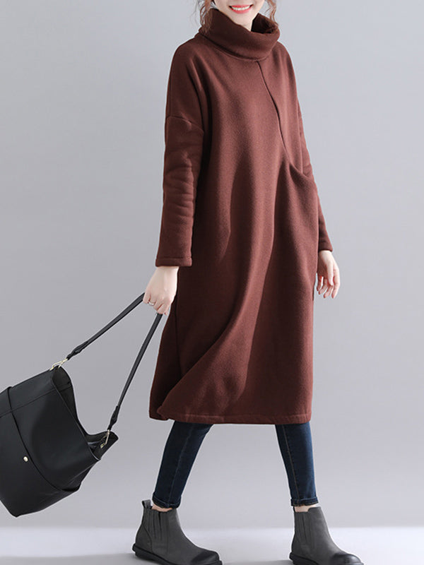 Simple Solid Color With Pocket High-Neck Long Sleeves Sweatshirt Dress