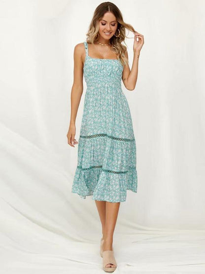 Printed Hollow Split-joint Spaghetti-neck Maxi Dress