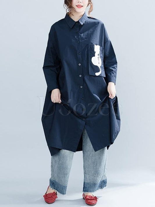 Navy-blue Loose Lapel Cat Print Blouse Dress