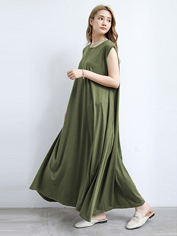 Simple Solid Color Oversized A-Line Round-Neck Cap Sleeves Maxi Dress