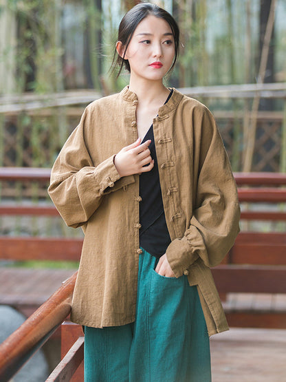 Original Artistic Retro Loose Solid Color Ramie Cotton Blouse Outwear