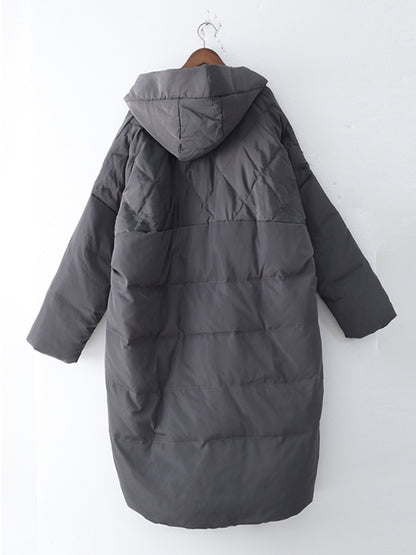 Simple White Duck Down Over Knee Solid Color Zipper Hooded Down Wear Coat