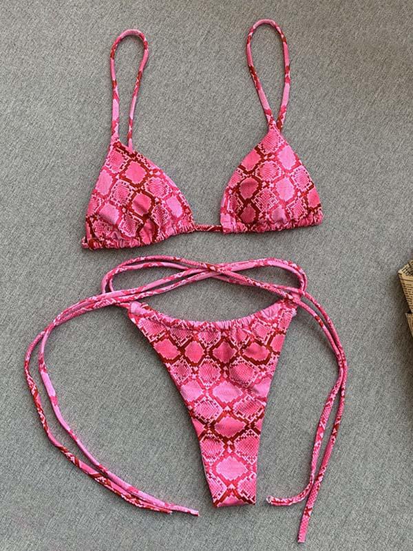 Snake-Print Bandage Split Bikini Swimsuit