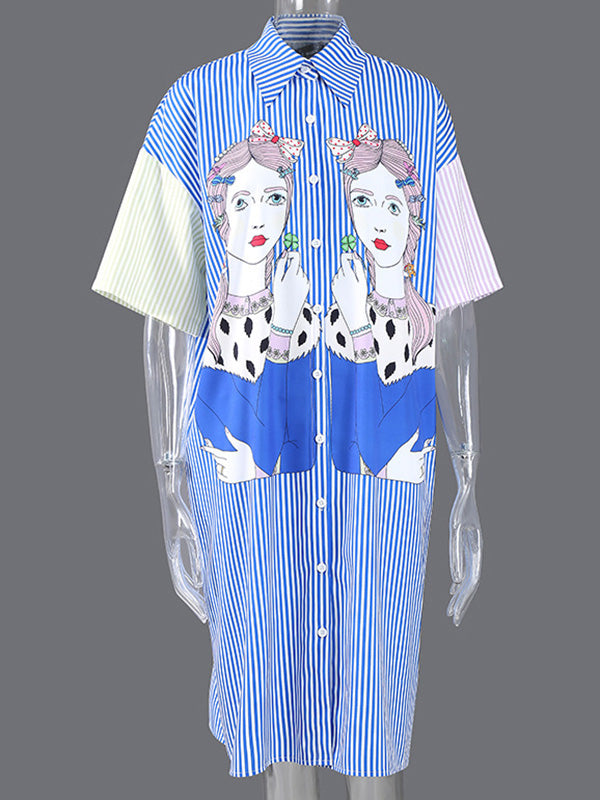 Original Striped Cartoon Portrait Printed Buttoned Lapel Collar Half Sleeves Midi Shirt Dress