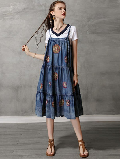 Vintage Denim Embroidery Braces Dress