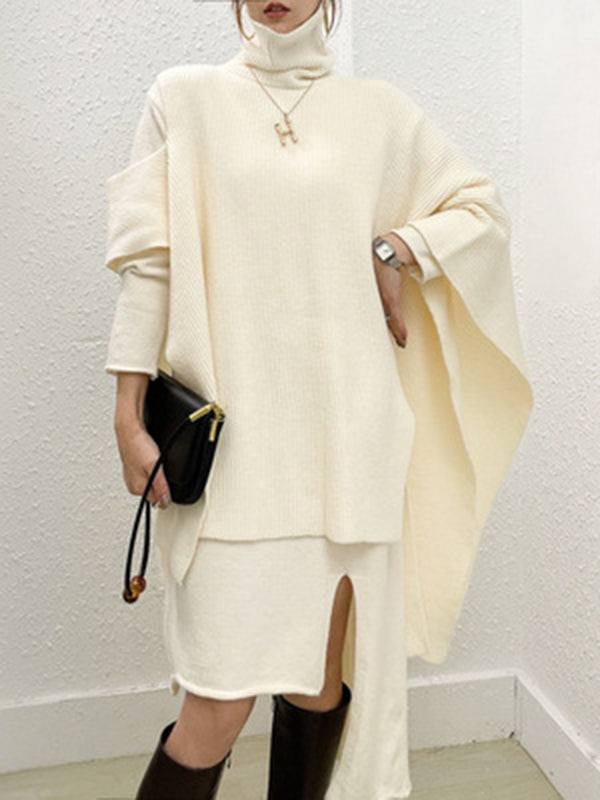 Solid Round-Neck Sweater Dresses And Irregularity Batwing Sleeves High-Neck Cape Set