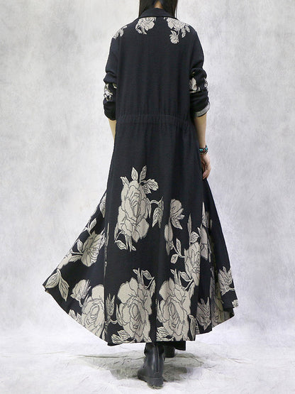 Artistic Retro Loose Floral Printed Buttoned Notched Collar Long Sleeves Outwear