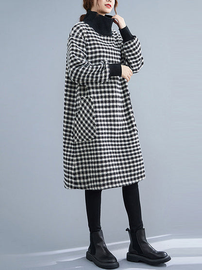 Casual Loose Plaid With Pocket High-Neck Long Sleeves Midi Dress
