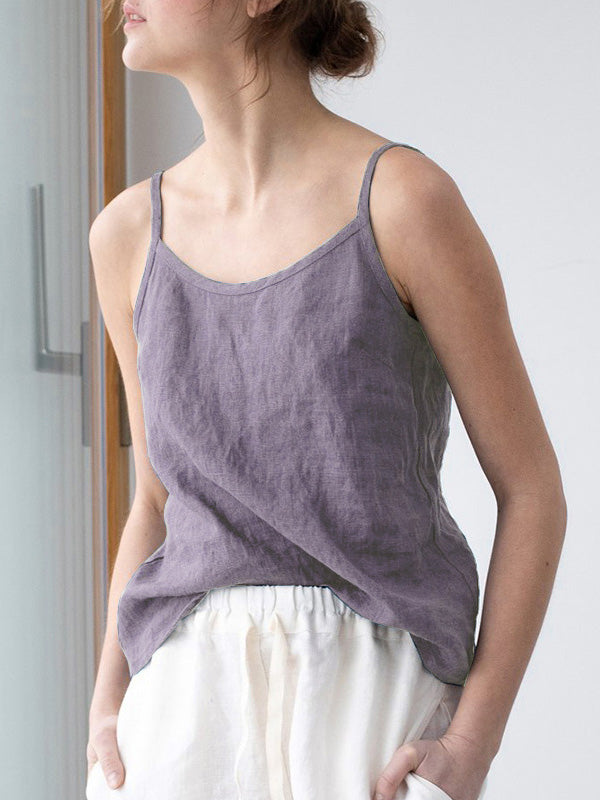 Vintage Ramie Cotton Spaghetti-Neck Round-Neck Mini Dress