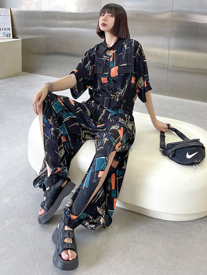 Stylish Printed Belted Split-Side Lapel Short Sleeves Jumpsuits