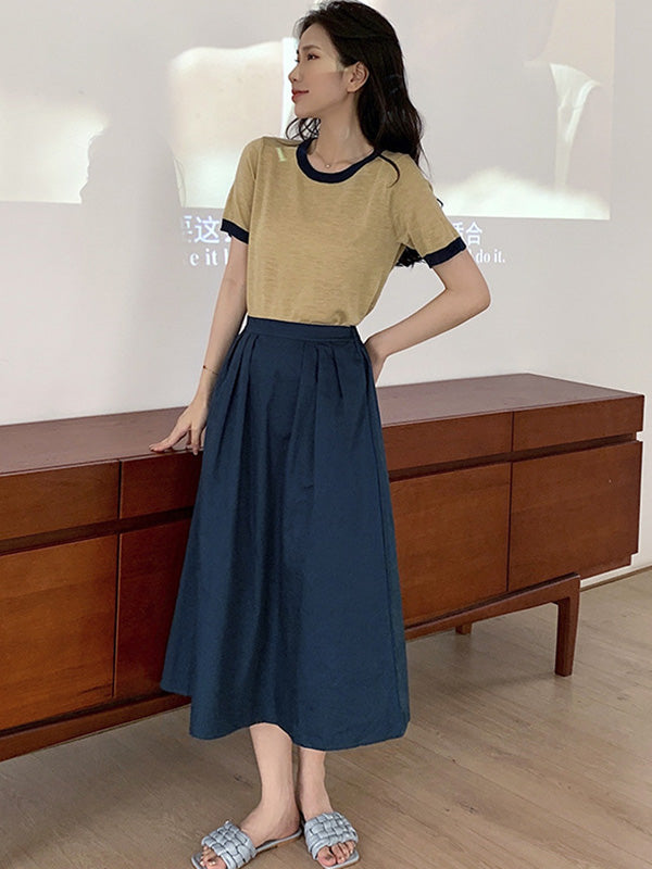 Casual Knitting Round-Neck Contrast Color T-Shirts Tops