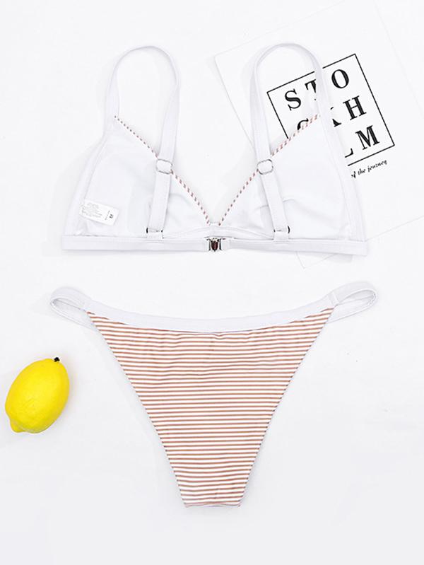 Strip-Print Triangle Split Bikini Swimsuit