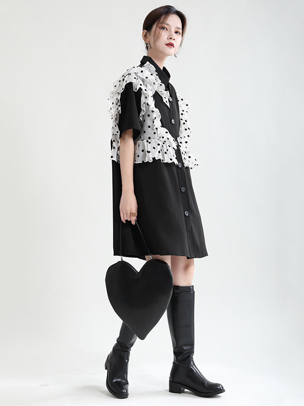 Stylish Irregular Split-Joint Polka-Dot Mesh Falbala Buttoned Lapel Collar Half Sleeves Mini Dress