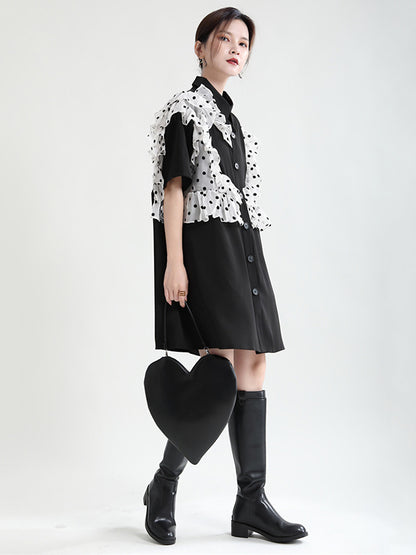 Stylish Irregular Split-Joint Polka-Dot Mesh Falbala Buttoned Lapel Collar Half Sleeves Mini Dress