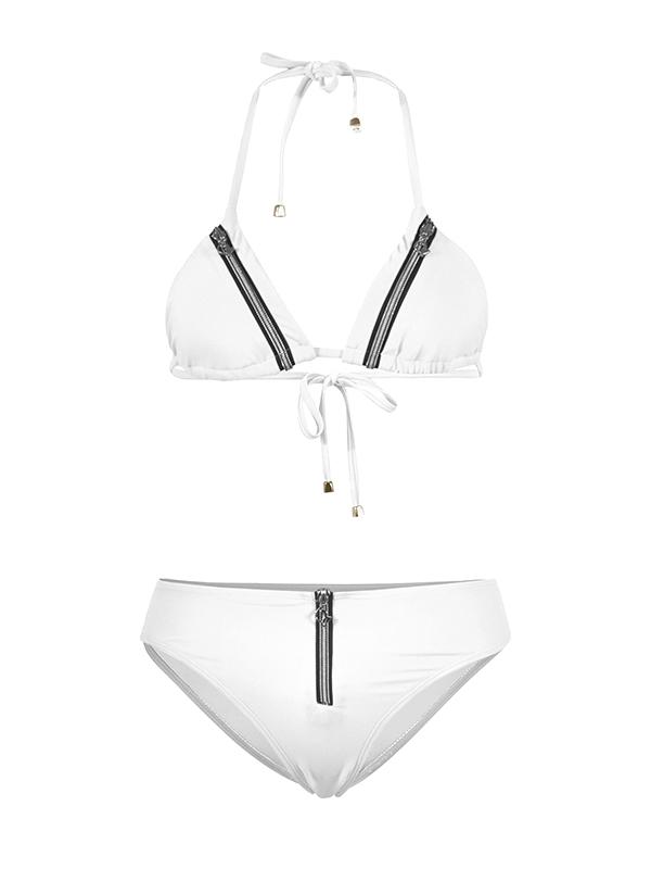 Plain Zipper Spaghetti Strap Bikini Swimsuit