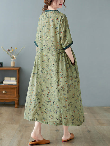 Artistic Retro Contrast Color Floral Printed Midi Dress